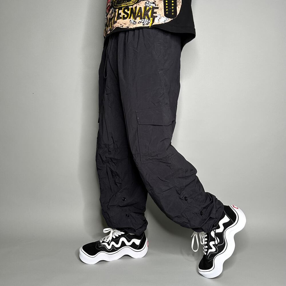 Vintage 90s Track Pants Mens L Baggy Fit Jet Black Nylon Joggers Cinch Energy